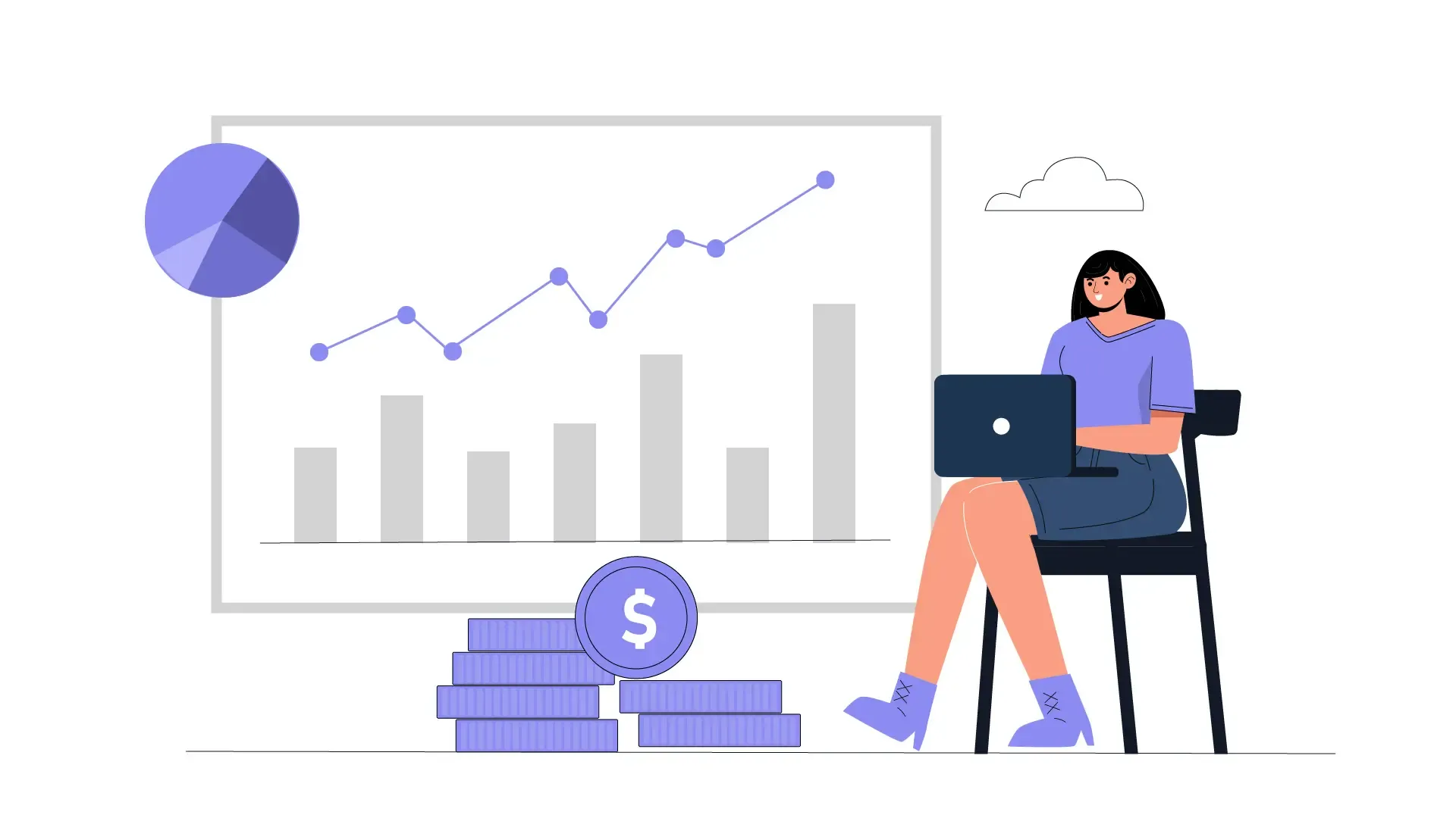 Woman Analyzing Business Growth Graph and Setting Goals Using Laptop 2D Vector Illustration